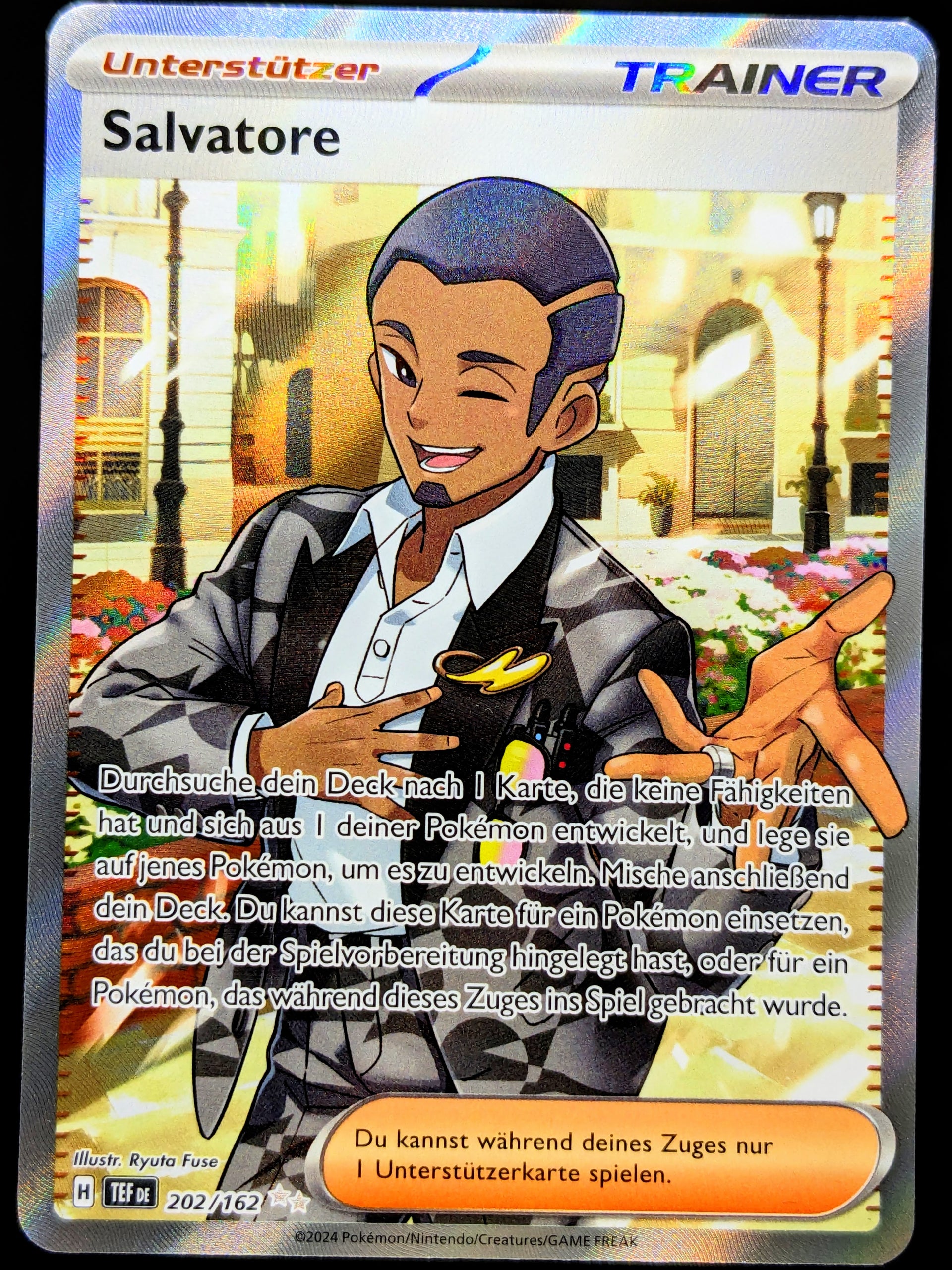 salvatore pokemon card - #202/162 It has been scanned while inside a sleeve or a sleeve with a top loader Salvatore Pokemon Trading Card Game